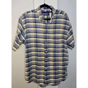 Pendleton Plaid Shirt Mens L Blue Button Down Short Sleeve USA Made Preppy